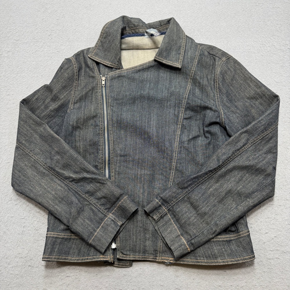 Denim Moto Jacket Women's XL Blue Dark Wash Asymmetrical Zip Bikercore